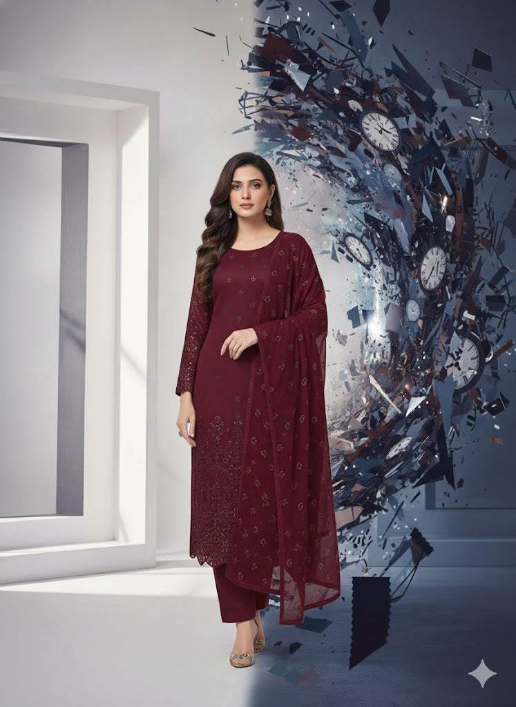 Maroon Embroidered Suit - 2026 Collection